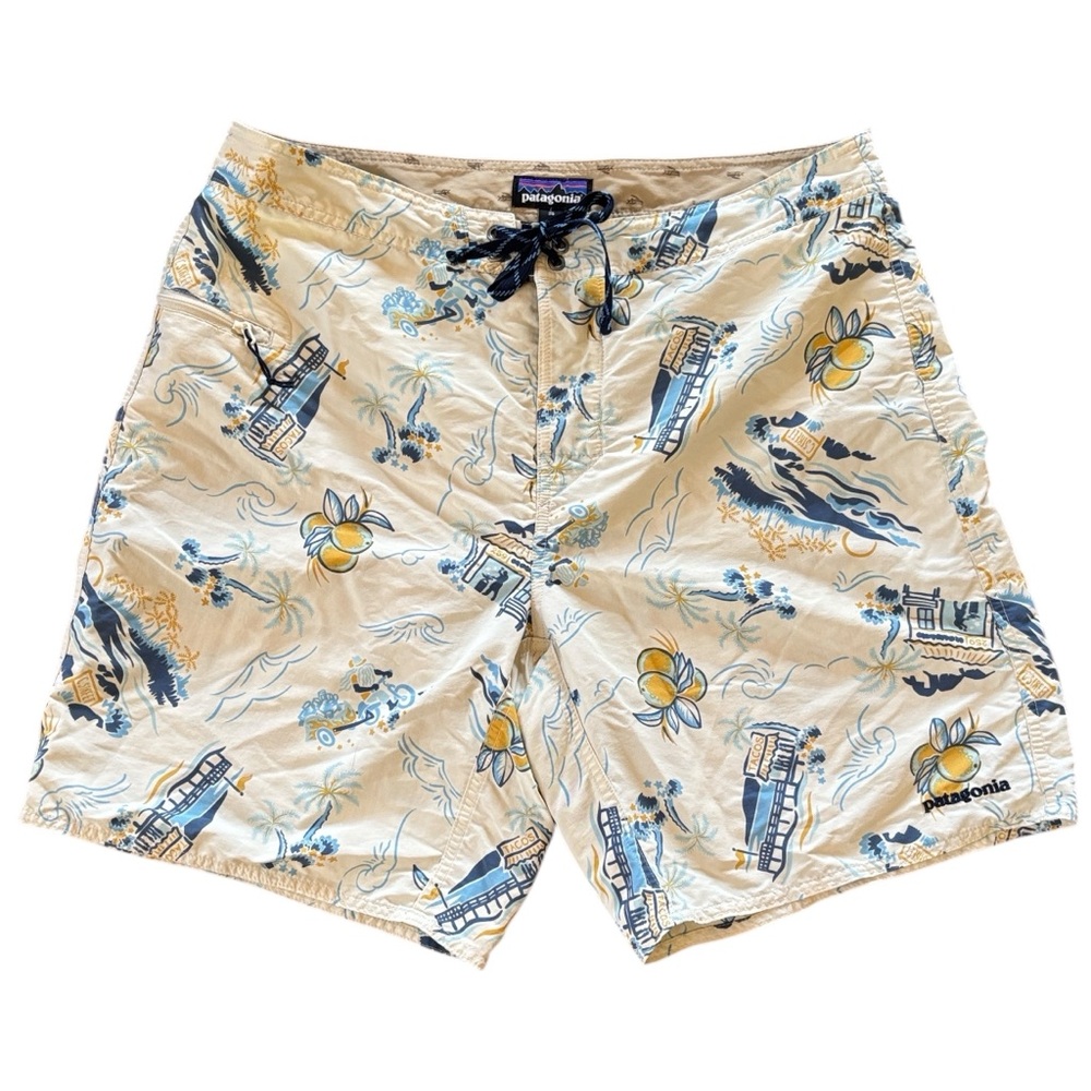 Patagonia Mango Beach Pattern Palm Trees Stretch Board Shorts Size 36